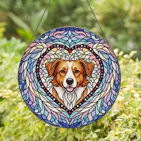 Dog Lovers' Vibrant Tiffany-Style Stained Glass Smiling Brown & White Dog Heart Border Pastel Wing Mosaic Art Stained Glass Suncatcher