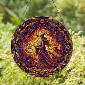 Mystical Art Admirers' Tiffany Stained Glass Witch Profile with Gothic Scrollwork, Jewel Tones & Mosaic Light Stained Glass Suncatcher