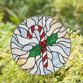 Holiday Enthusiasts' Intricate Tiffany Stained Glass Candy Cane Holly & Berries Mosaic Design Red Green Gold Stained Glass Suncatcher