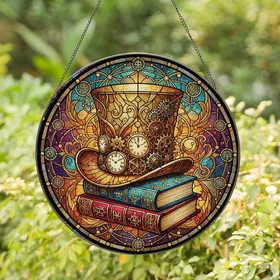 Fantasy Art Lover Jewel Tone Tiffany Stained Glass Steampunk Top Hat Cosmic Swirl Stained Glass Suncatcher