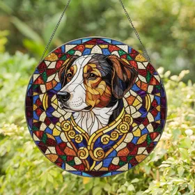 Dog Lovers' Tiffany Style Stained Glass Dog Portrait Jewel Tone Geometric Mosaic Art Stained Glass Suncatcher