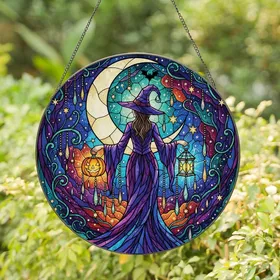 Mystical Art Enthusiasts' Tiffany Stained Glass Witch Mosaic: Radiant Orange Purple Glowing Lanterns Celestial Night Sky Stained Glass Suncatcher