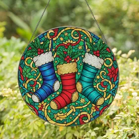 Holiday Enthusiasts' Vibrant Stained Glass Christmas Stockings Holly Emerald Ruby Teal Gold Mosaic Stained Glass Suncatcher