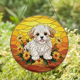 Pet Lovers' Glowing Tiffany Stained Glass Maltese Puppy Floral Sunset Mosaic Stained Glass Suncatcher