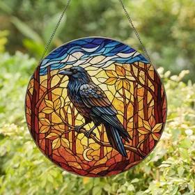 Fantasy Art Fans' Majestic Raven Stained Glass Forest Iridescent Jewel Tone Mosaic Stained Glass Suncatcher