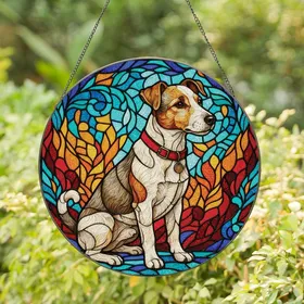 Jack Russell Dog Lovers' Vibrant Stained Glass Mosaic Art Teal Sapphire Ruby Orange Stained Glass Suncatcher