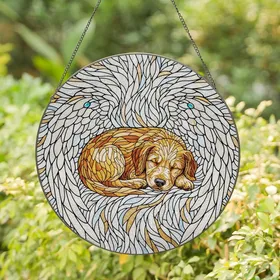 Pet Lovers' Serene Golden Retriever Puppy Angel Wings Opalescent Stained Glass Mosaic Art Stained Glass Suncatcher