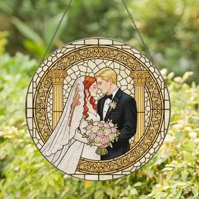 Wedding Celebrants' Tiffany Style Stained Glass Bride & Groom Amber Blue Rose Ornate Mosaic Stained Glass Suncatcher