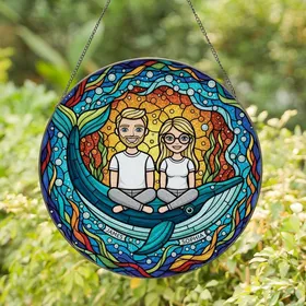 Couple's Joyful Tiffany Stained Glass Whale Journey Amber Teal Ocean Mosaic Waves Stained Glass Suncatcher