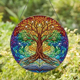 Art Lovers' Tiffany Style Stained Glass Tree of Life Book Fiery Orange Green Blue Purple Stained Glass Suncatcher