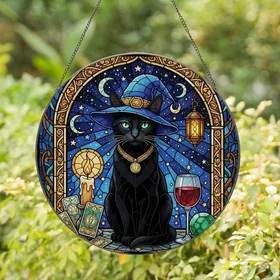 Gothic Style Fans' Jewel Tone Black Cat Wizard Hat Tarot Celestial Stained Glass Art Stained Glass Suncatcher