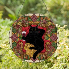 Cat Art Enthusiasts Opulent Black Cat Ruby Armchair Wine Jewel-Toned Stained Glass Mosaic Stained Glass Suncatcher