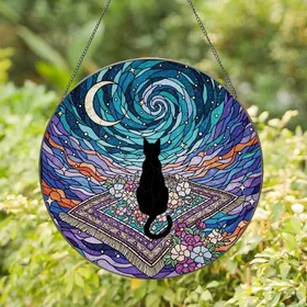 Fantasy Cat Lovers' Intricate Stained Glass Black Cat Magic Carpet Celestial Night Jewel Tones Stained Glass Suncatcher