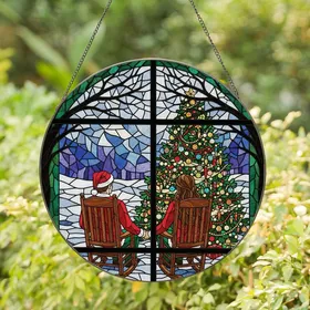 Holiday Lovers' Tiffany Style Stained Glass Christmas Tree Couple Red Green Jewel Tone Mosaic Stained Glass Suncatcher