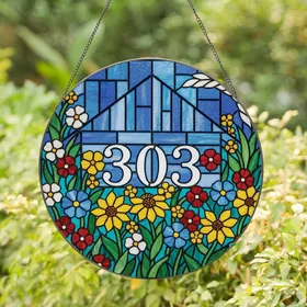 Homeowners' Vibrant Stained Glass '303' Garden Art with Jewel Tone Flowers & Blue House Mosaic Stained Glass Suncatcher