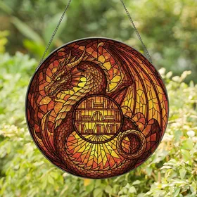 Dragon Enthusiasts' Tiffany Style Stained Glass Dragon Amber Bookshelves Fiery Embers Stained Glass Suncatcher