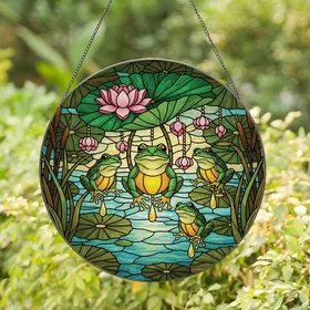Nature Lovers' Emerald Green Frog Stained Glass Jewel Tone Pond Lily Pad Lotus Mosaic Stained Glass Suncatcher