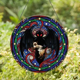 Gothic Art Lovers' Tiffany-Style Mothman & Siamese Cat Celestial Stained Glass Jewel Tones Stained Glass Suncatcher