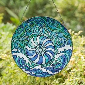 Ocean Lovers' Intricate Tiffany Stained Glass Nautilus Shell Deep Blue Aquamarine Waves Stained Glass Suncatcher