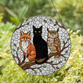 Fantasy Art Lovers' Stained Glass Black Cat Fox Owl Mosaic Art Jewel Tones Iridescent Stained Glass Suncatcher