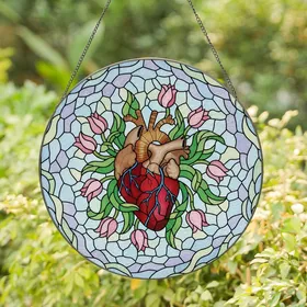 Art & Nature Lovers' Stained Glass Anatomical Heart Foliage Tulip Buds Jewel Tone Intricate Mosaic Stained Glass Suncatcher