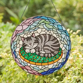 Cat Lovers' Tiffany Style Sleeping Tabby Cat Grey Orange Green Jewel Tone Intricate Mosaic Stained Glass Suncatcher