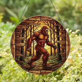 Bigfoot Art Collectors' Tiffany Style Stained Glass Bigfoot Silhouette Forest Mosaic Warm Orange Yellow Stained Glass Suncatcher