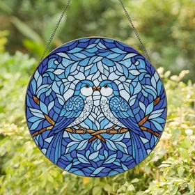 Romantics' Intricate Stained Glass Cobalt Blue Lovebirds Floral Amber Mosaic Design Stained Glass Suncatcher