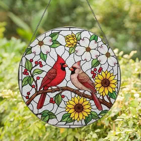Bird Watchers' Intricate Tiffany Stained Glass Cardinal Pair Red Pink Yellow Floral Mosaic Art Stained Glass Suncatcher