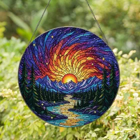 Nature Lovers' Jewel Tone Tiffany Stained Glass Cosmic Sunset River Pine Sky Stained Glass Suncatcher