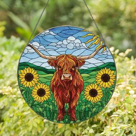 Nature Art Lovers' Majestic Highland Cow Golden Sunflowers Stained Glass Jewel Tones Design Stained Glass Suncatcher