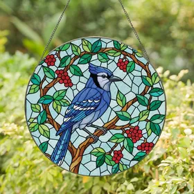 Nature Lovers' Vibrant Blue Jay Stained Glass Mosaic Ruby Red Berries Emerald Green Leaves Tiffany Style Stained Glass Suncatcher