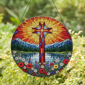 Inspirational Art Admirers Tiffany Stained Glass Cross, Radiant Sunburst, Wildflower Field, Jewel Tones Stained Glass Suncatcher