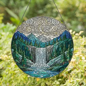 Nature & Art Lovers' Tiffany Stained Glass Waterfall Mountainscape Teal Emerald Gold Stained Glass Suncatcher