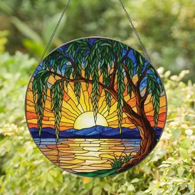 Nature Lovers' Intricate Stained Glass Willow Tree Sunset Lake Jewel Mosaic Art Stained Glass Suncatcher