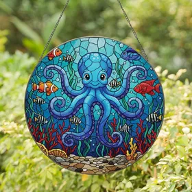 Ocean Lovers' Vibrant Tiffany Stained Glass Blue Octopus Deep Sea Coral Mosaic Art Stained Glass Suncatcher
