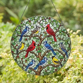Nature Lovers' Intricate Tiffany Stained Glass Eight Colorful Birds Jewel Tone Mosaic Art Stained Glass Suncatcher