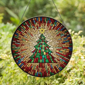 Holiday Enthusiasts' Vibrant Tiffany Style Stained Glass Christmas Tree Geometric Mosaic Stained Glass Suncatcher
