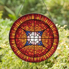 Basketball Fans' Stained Glass Art Basketball Mosaic Jewel Tones Amber Red Orange Geometric Stained Glass Suncatcher