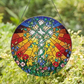 Spiritual Art Enthusiasts' Tiffany Jewel Tone Stained Glass Christian Cross, Vibrant Floral & Sunset Mosaic Art Stained Glass Suncatcher