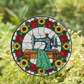 Sewing Enthusiasts' Intricate Jewel Tone Tiffany Glass Vintage Sewing Machine Mosaic, Red Rose & Sunflower Border Stained Glass Suncatcher