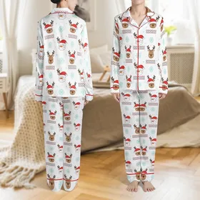 Cozy Christmas Pajamas: Cute Reindeer Snowman & Fair Isle Pattern Sleepwear Satin Pajamas Set