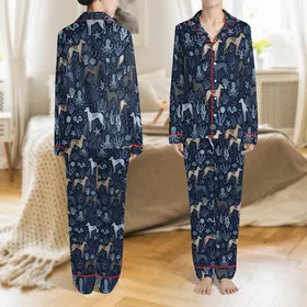 Women's Greyhound Lover Sleep Set: Midnight Blue Fawn Brindle Dog & Ocean Coral Pattern - Silky Stretch Satin Pajamas Set