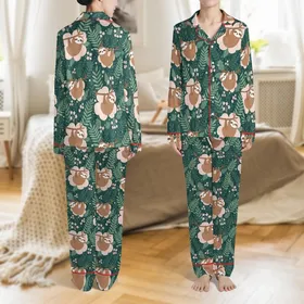 Women's Sloth Floral Pajama Pants: Tea-Loving Sloths & Rose-Pink Forest Foliage Satin Pajamas Set