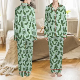 Pickle Lover's Whimsy: Hand-Drawn Smiling Chef Pickles & Jars Seamless Design Satin Pajamas Set