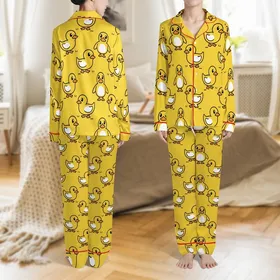 Playful Yellow Duck Pattern: Seamless Swimming Cartoon Ducks Flat Art Print Satin Short-Sleeve Pajamas Set