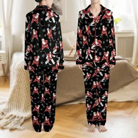Santa Hockey Game: Dynamic Christmas Skaters & Snowflakes All-Over Pattern – Holiday Graphic Satin Pajamas Set