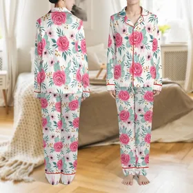 Women's Bridesmaid Rayon Pajamas: Watercolor Fuchsia Rose & Teal Cactus Floral Satin Pajamas Set