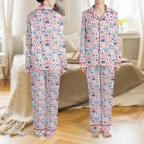 Women's Red White Blue Vintage Americana Liberty Collage Polyester Spandex Sleepwear Satin Pajamas Set