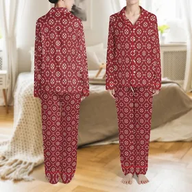 Heritage Geometric: Cranberry White Interlocking Squares & Diamond Pattern - Art Motif Satin Pajamas Set